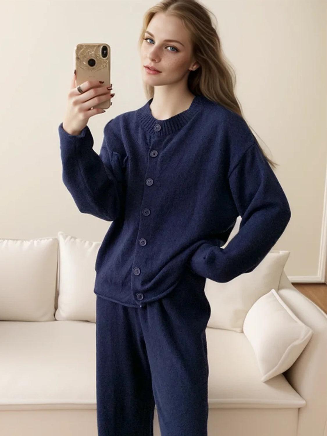 Pocketed Round Neck Button Up Cardigan and Pants Sweater Set Dark Blue One Size