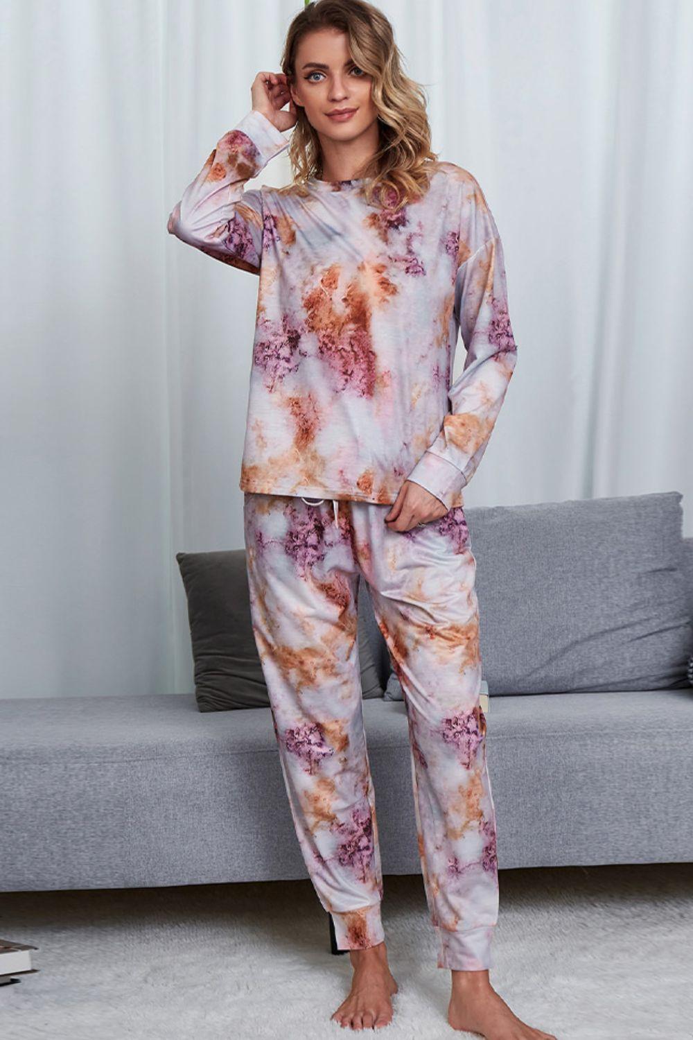 Shiny Tie-Dye Crewneck Top and Drawstring Waist Joggers Lounge Set Lavender
