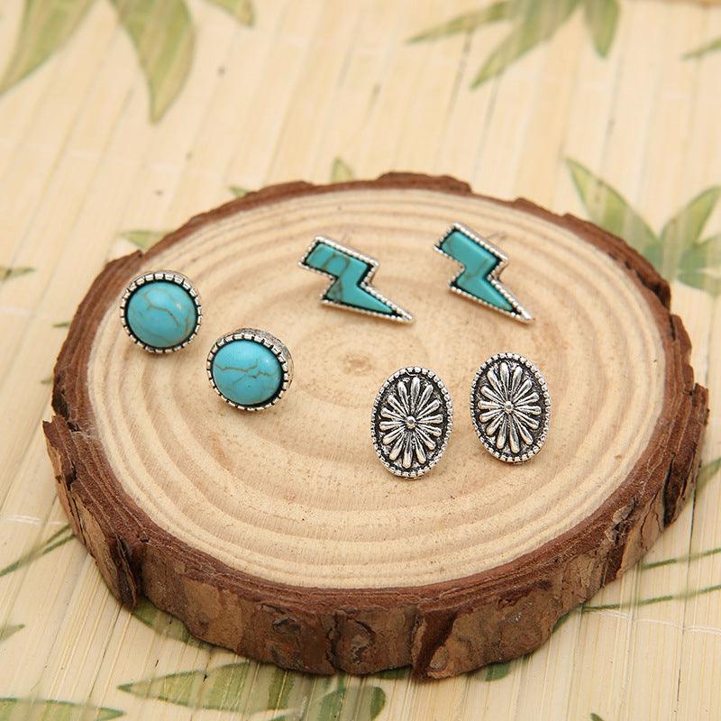 3 Piece Artificial Turquoise Stud Earrings Silver One Size