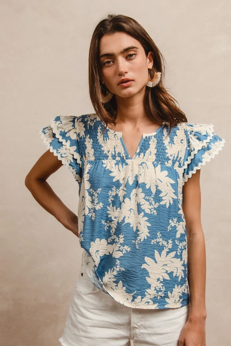 BiBi Floral Prints Wave Trim Smocking Details Short Sleeve Blouse