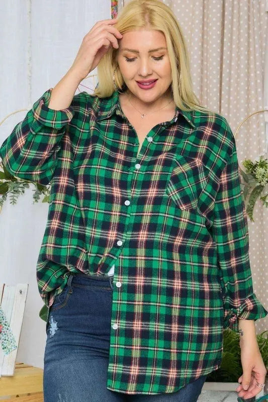 ADORA Full Size Button Down Classic Plaid Shirt W Roll Up Sleeve Plus Size
