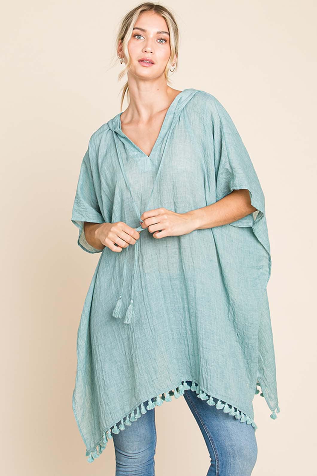 Cotton Bleu by Nu Label Tassel Hem Hooded Cover Up Mint