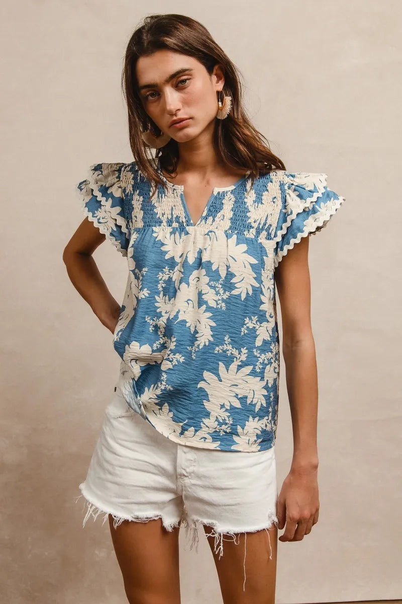 BiBi Floral Prints Wave Trim Smocking Details Short Sleeve Blouse