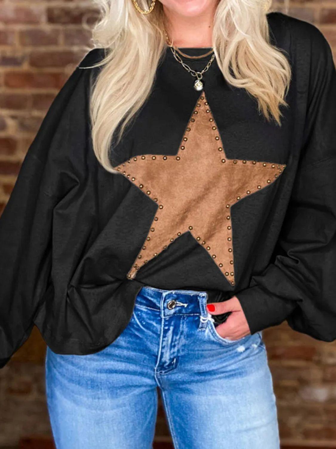 Star Round Neck Long Sleeve Blouse Black