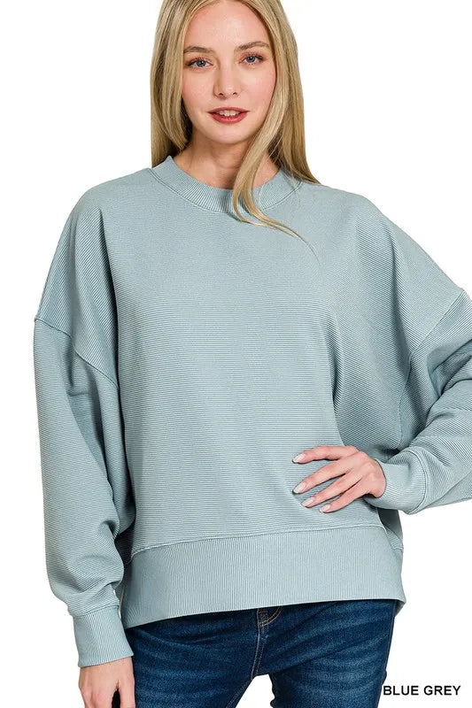Zenana Ribbed Balloon Sleeve Sweatshirt BLUE GREY
