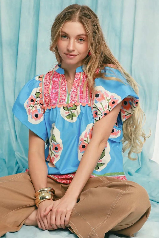Umgee Floral Notched Puff Sleeve Blouse Sky Blue