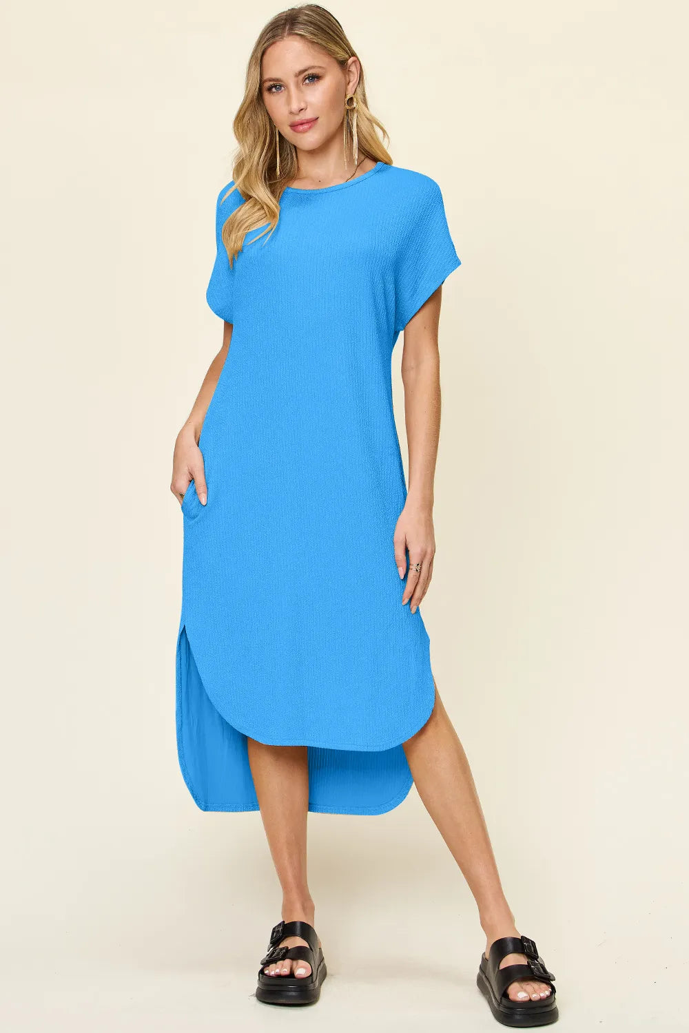 Double Take Full Size Round Neck Short Sleeve Slit Dress Sky Blue