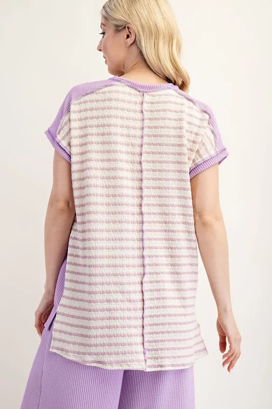 Celeste Full Size Ribbed and Stripe Top with Cuff Sleeves Plus Size
