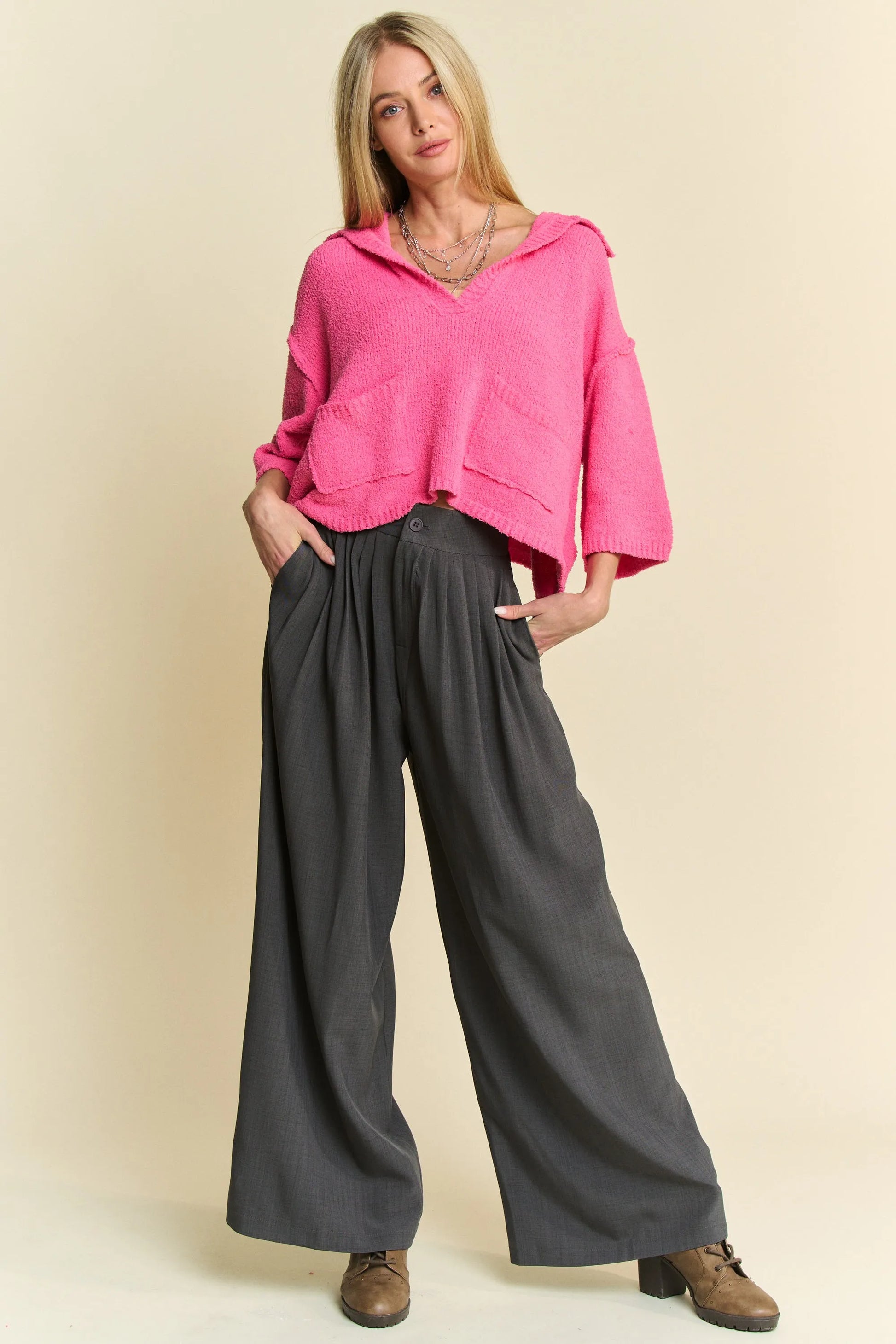 Davi & Dani Solid Back Pocket Shirring Detail Wide Leg Pants