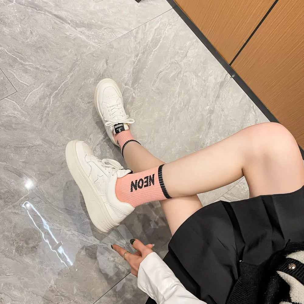 Star Lace Up Round Toe Platform Sneakers White