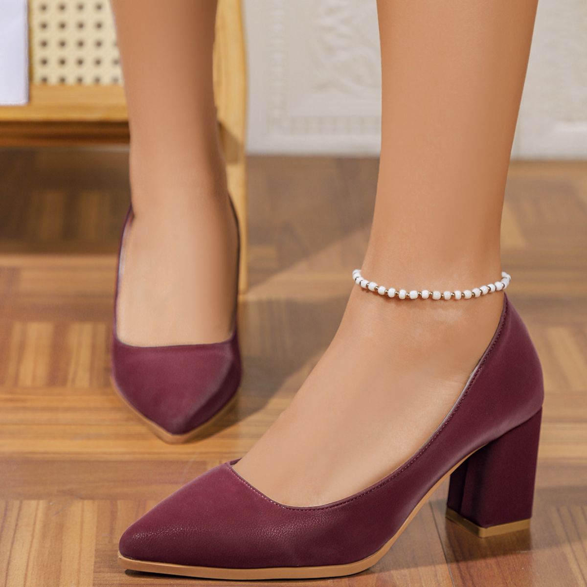 Point Toe Block Heels Pumps Burgundy