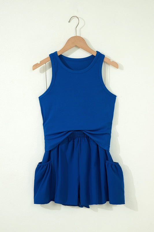 Solid Ribbed Tank & Wide Leg Shorts Set