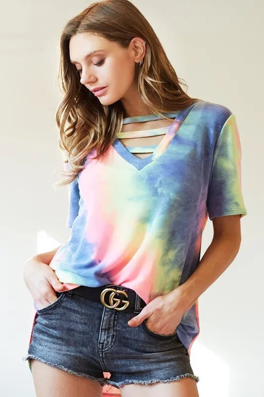 BiBi Tie-Dye V-Neck Short Sleeve T-Shirt CHARCOAL TIEDYE