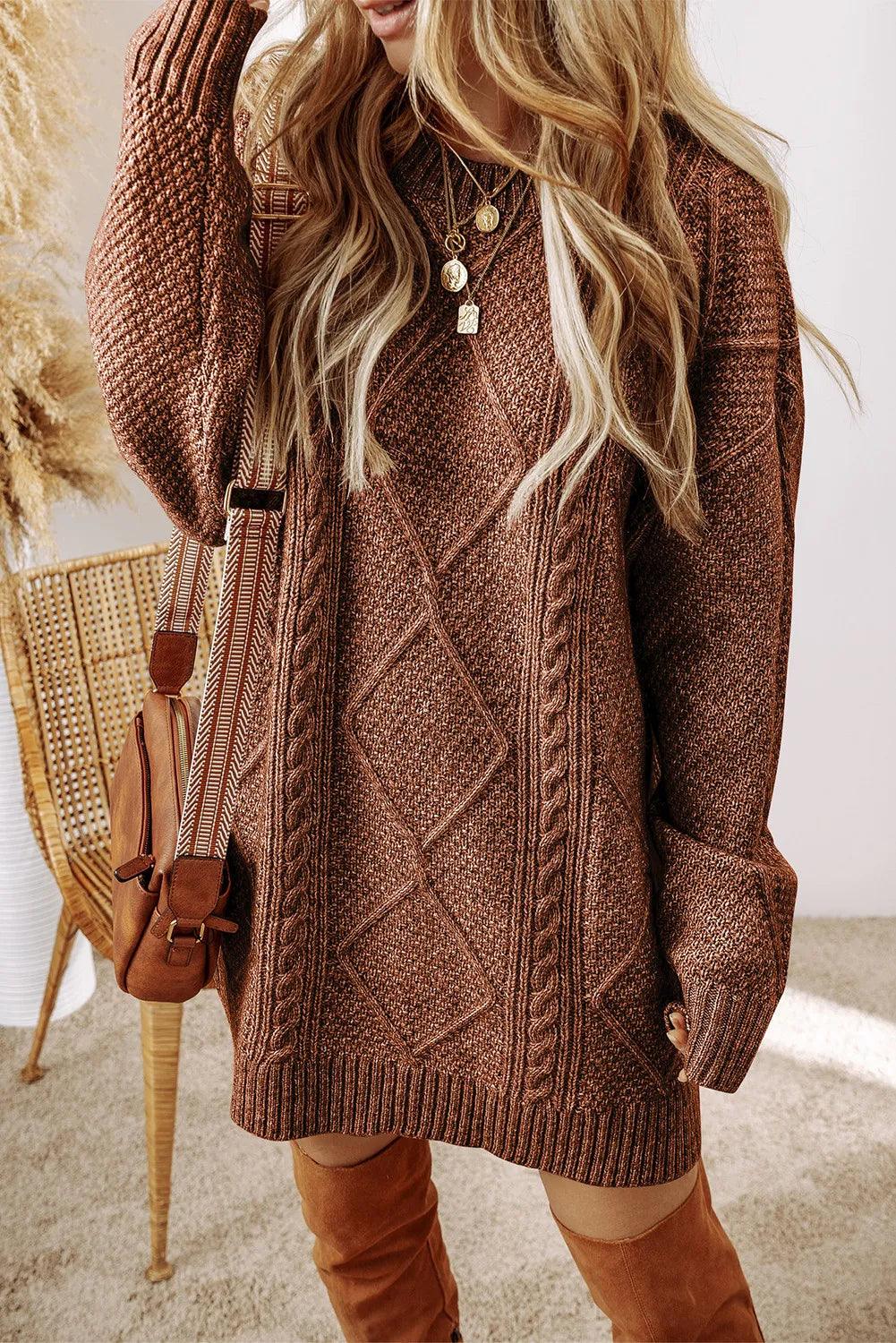 Cable-Knit Round Neck Sweater Dress Taupe M
