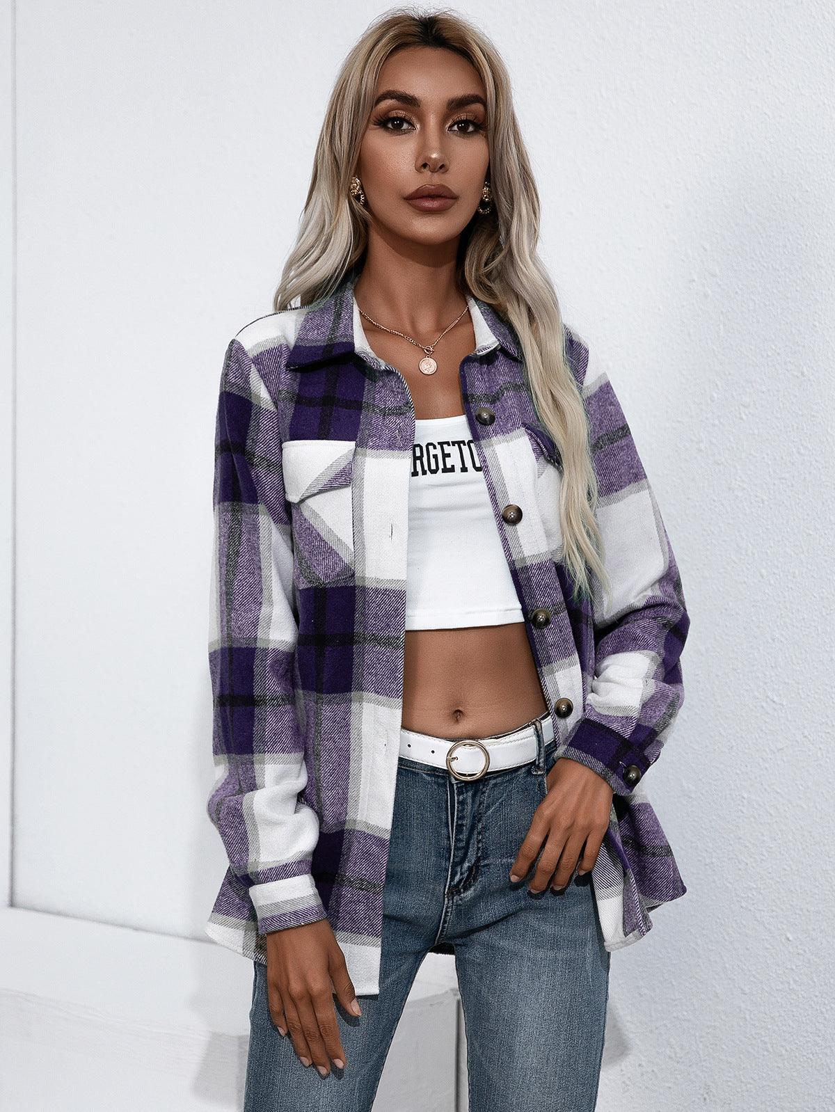 Ivy Lane Plaid Button Up Flannel Shirt Deep Purple
