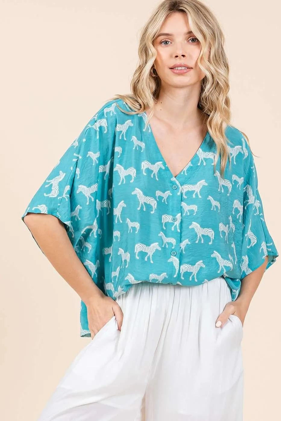 Mittoshop Zebra Print V-Neck Button Down Dolman Sleeve Top SEAGREEN