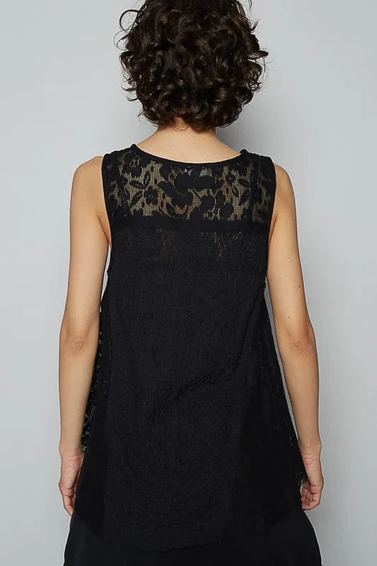 POL Crochet Lace Mix Button Detail Round Neck Tank
