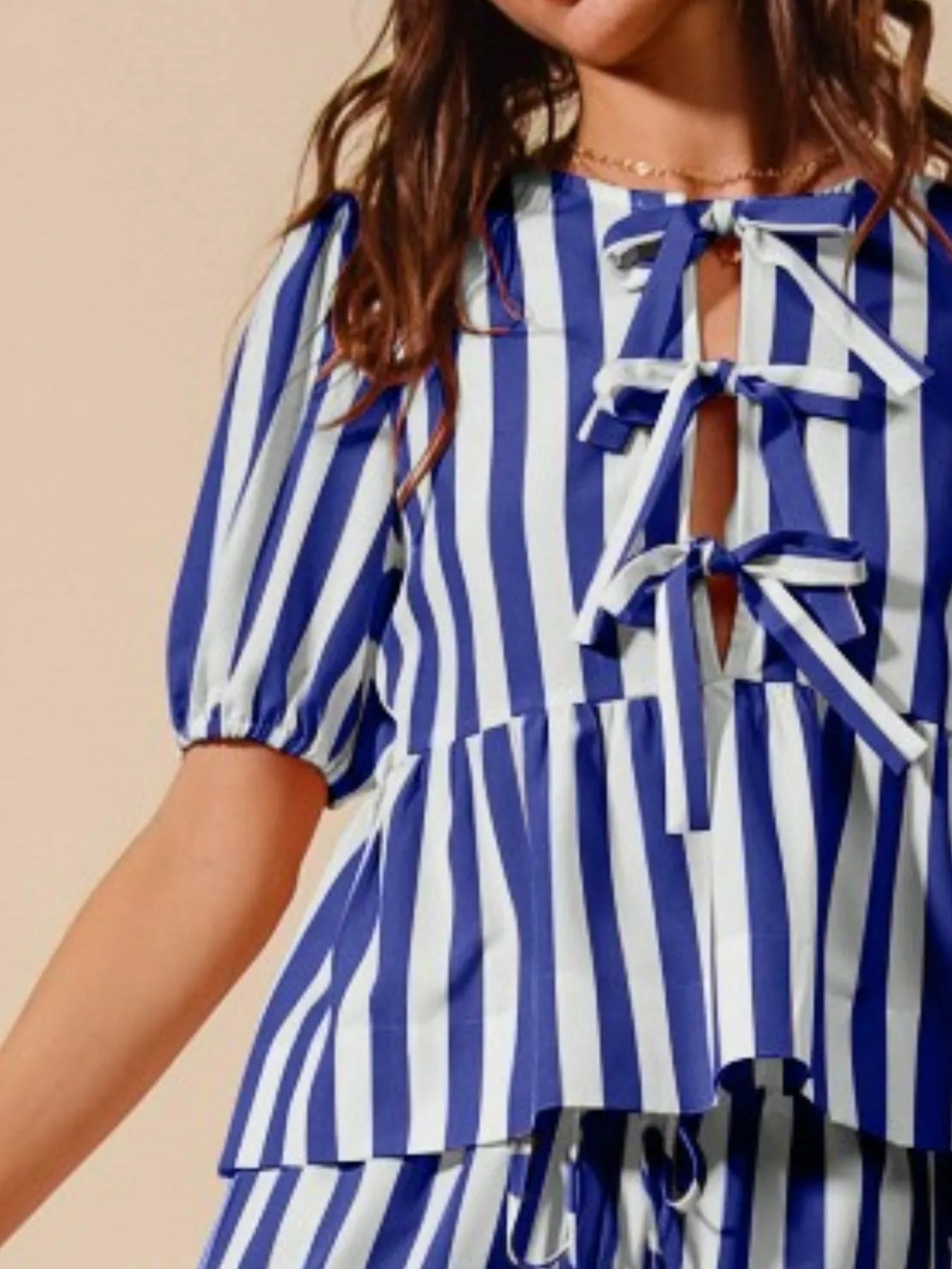 SO ME Front Tie Stripe Puff Sleeves Top and Wide Leg Pants Set