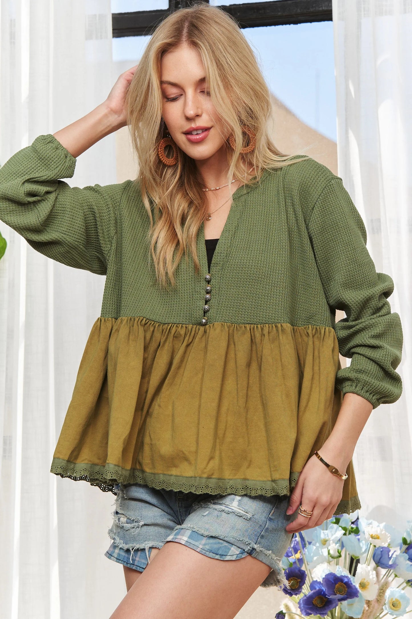 ADORA Mineral Washed Babydoll Tunic Top OLIVE