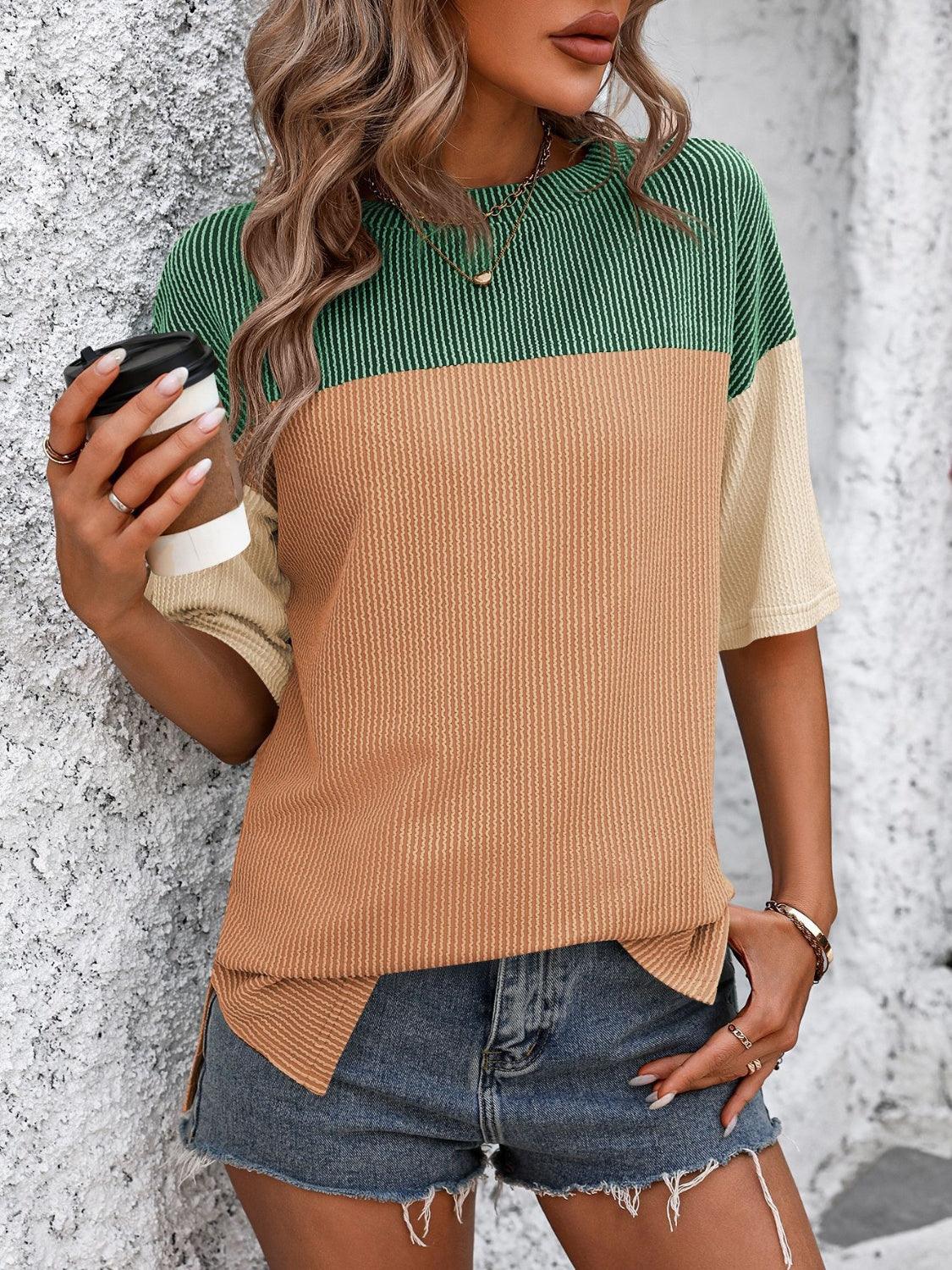Mandy Color Block Round Neck Half Sleeve T-Shirt Green Orange