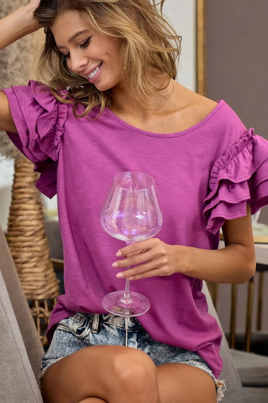 BiBi Layered Ruffle Sleeve Jersey Top VIOLET