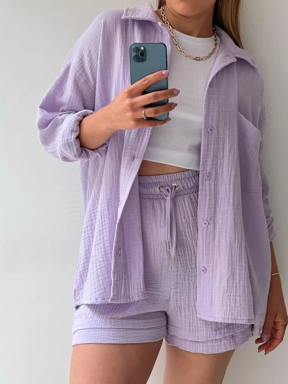Texture Button Up Shirt and Drawstring Shorts Set Lavender