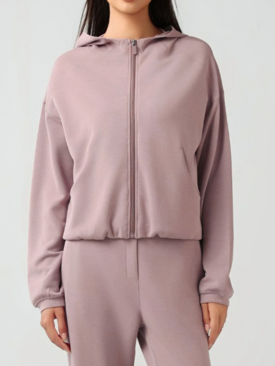 Millennia Zip Up Dropped Shouder Active Hooded Dusty Pink