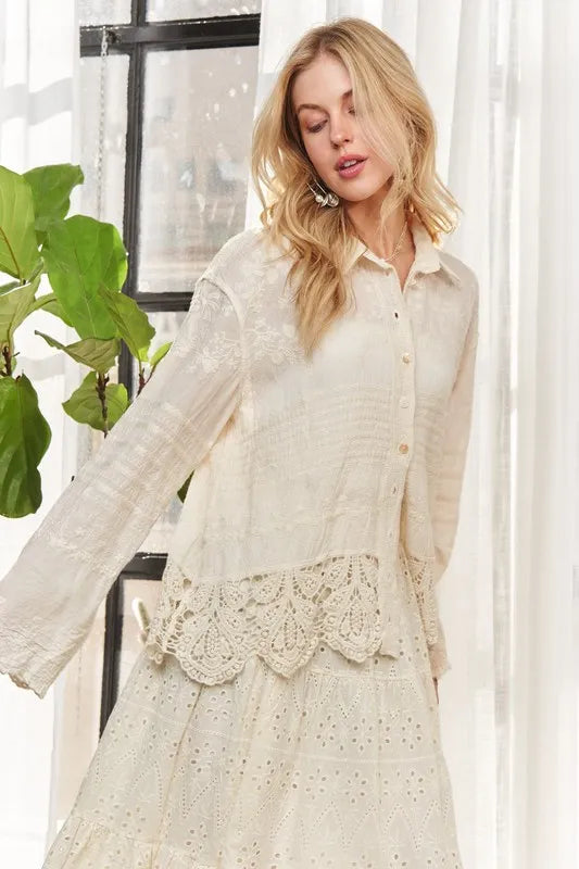 ADORA Crochet Lace Long Sleeves Button Down Shirt