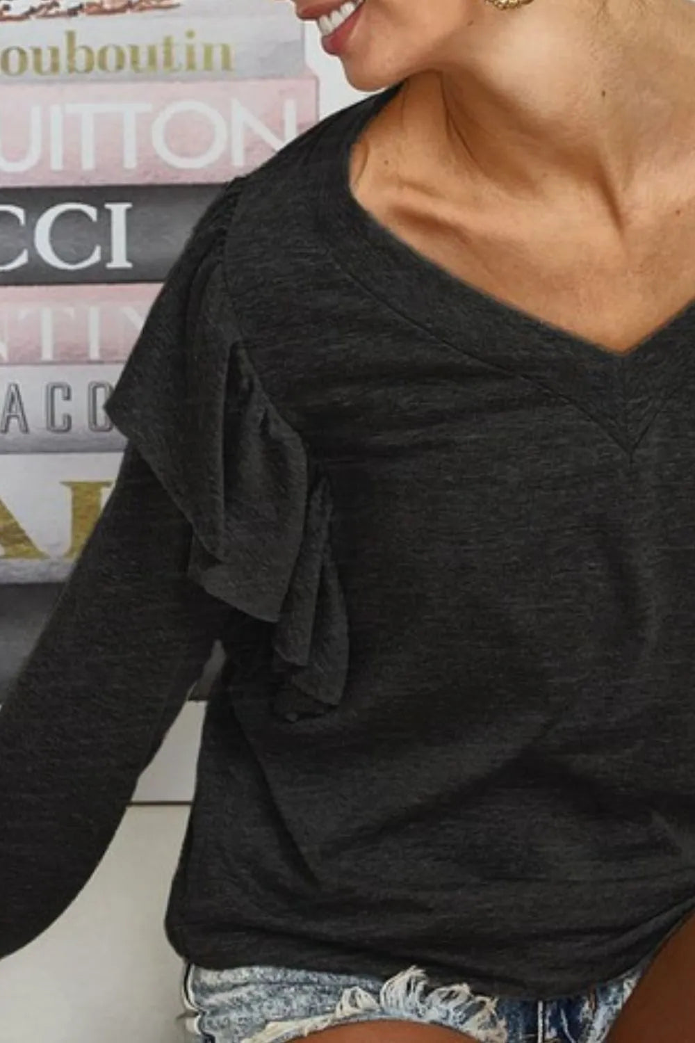 BiBi Triblend V Neck Top with Shoulder Shrring Detail