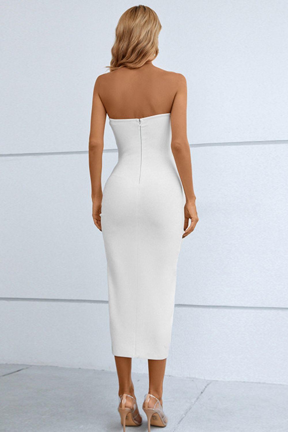 Cutout Strapless Bandage Dress with Drawstring Detail and Split Design
