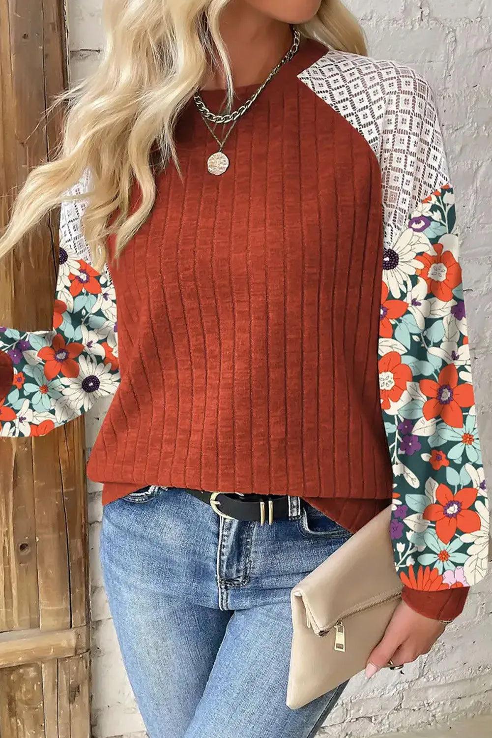 Printed Round Neck Long Sleeve Top Terracotta