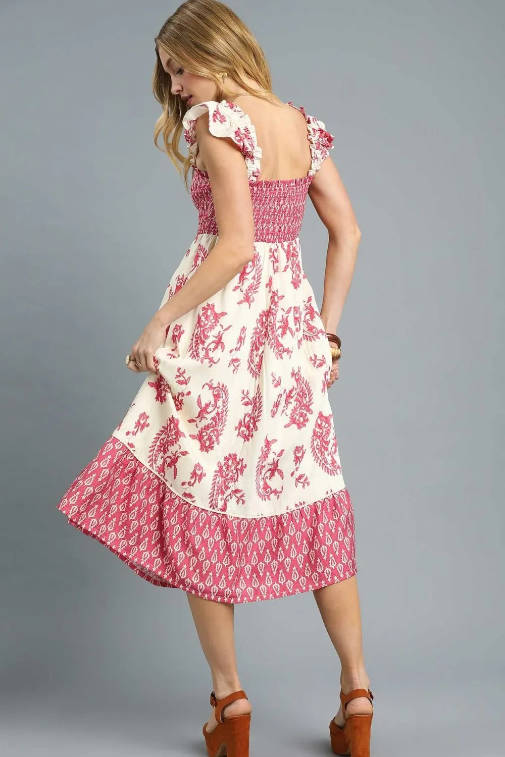 Umgee Printed Smocked Midi Dress with Ruffle Details
