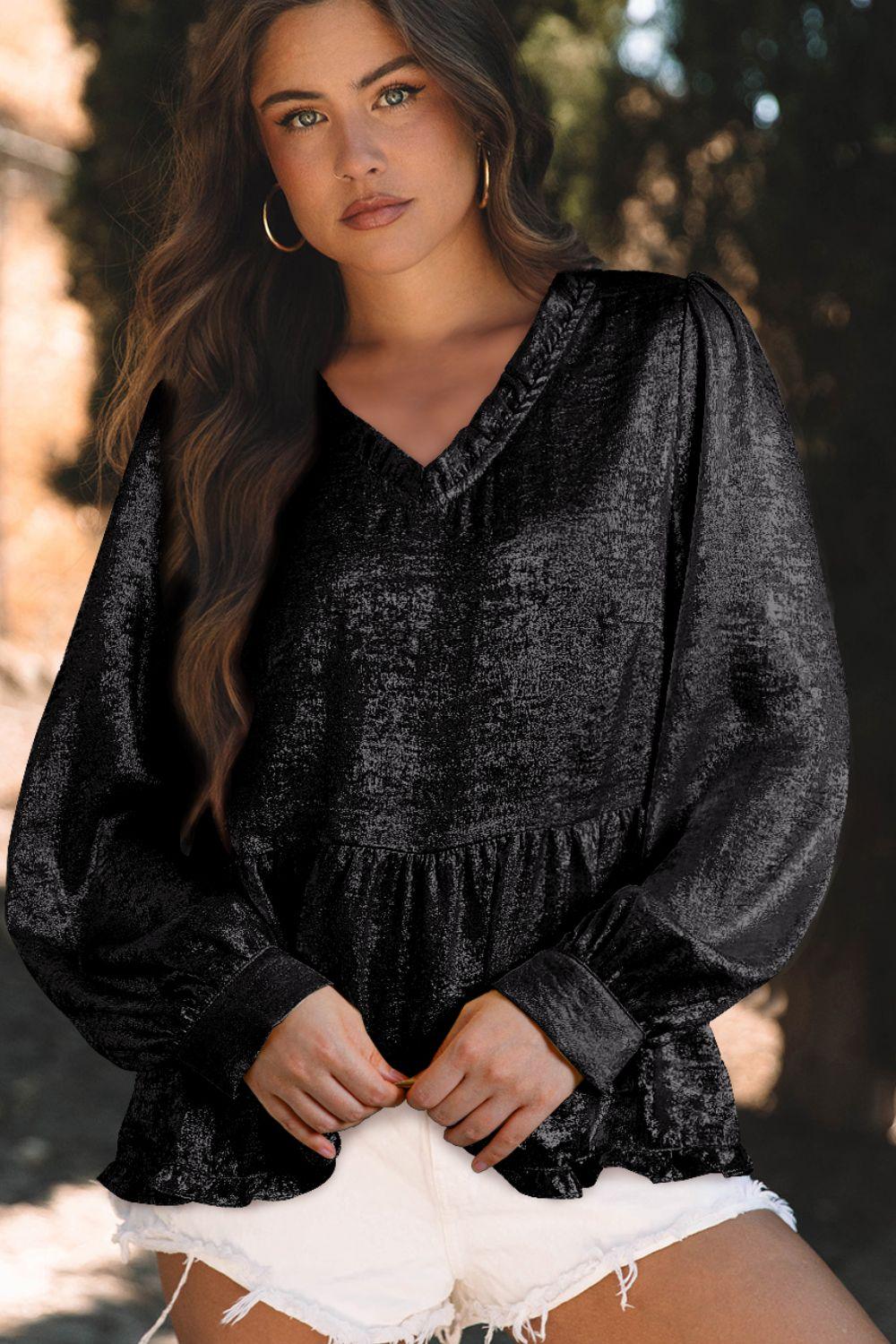 Frill Peplum V-Neck Long Sleeve Blouse Black