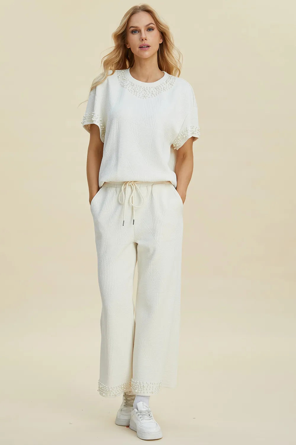 Double Take Full Size Pearl Detail Round Neck Top and Pants Set Cream