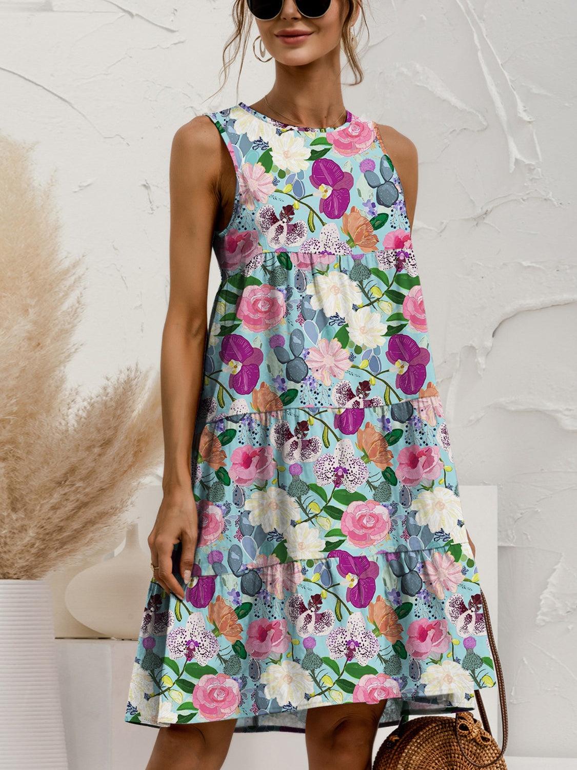 FAM-FAM Printed Round Neck Sleeveless Tiered Dress Floral