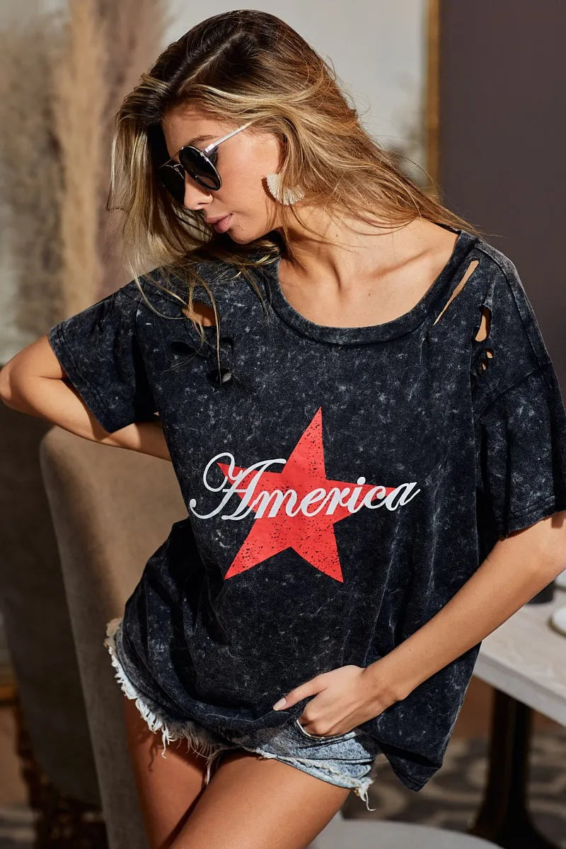 BiBi Laser Cut Mineral Washed Jersey Top with America