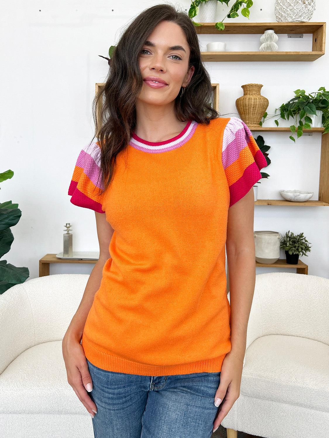 Color Block Round Neck Knit Top Orange