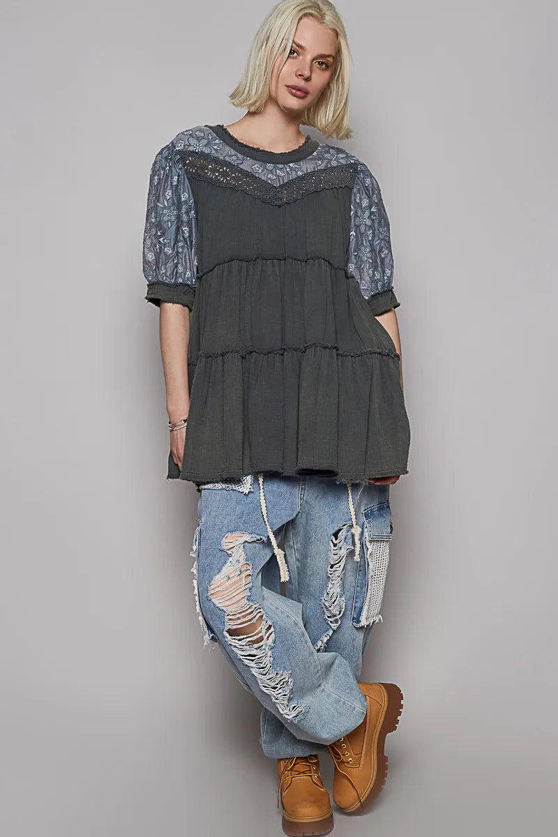 POL Lace Detail Tiered Round Neck Half Sleeve Blouse