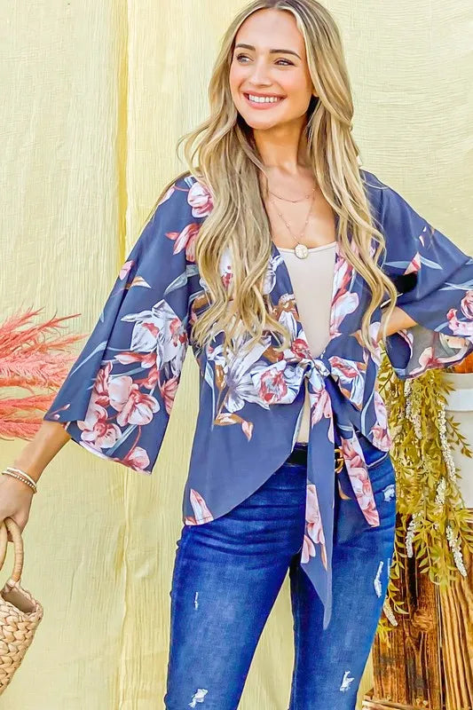 And The Why Front Tie Knot Floral Print Top CHARCOAL