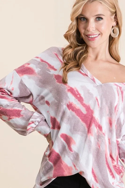 BiBi Tie Dye French Terry Top with Balloon Sleeves