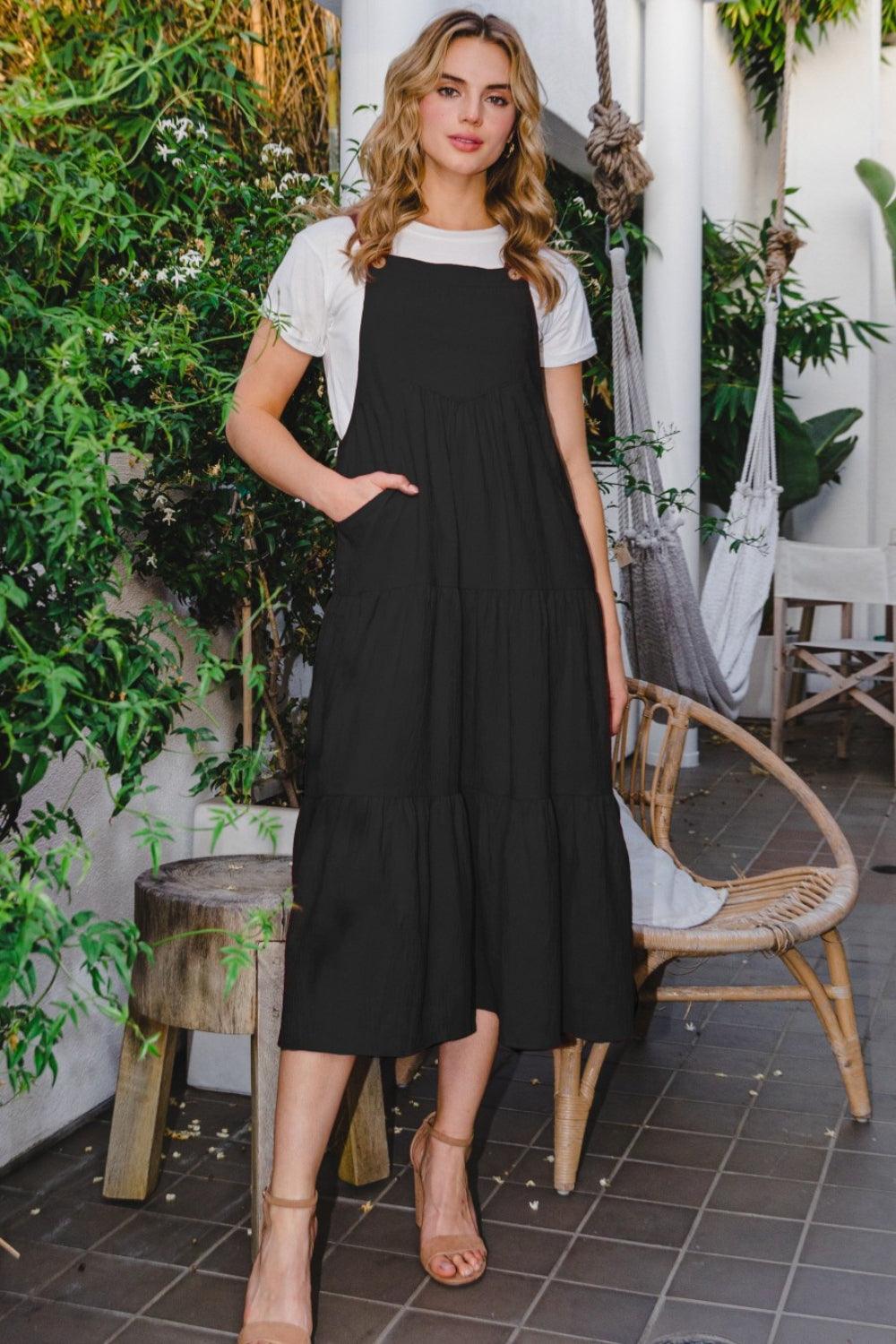 ODDI Full Size Sleeveless Tiered Midi Dress Black