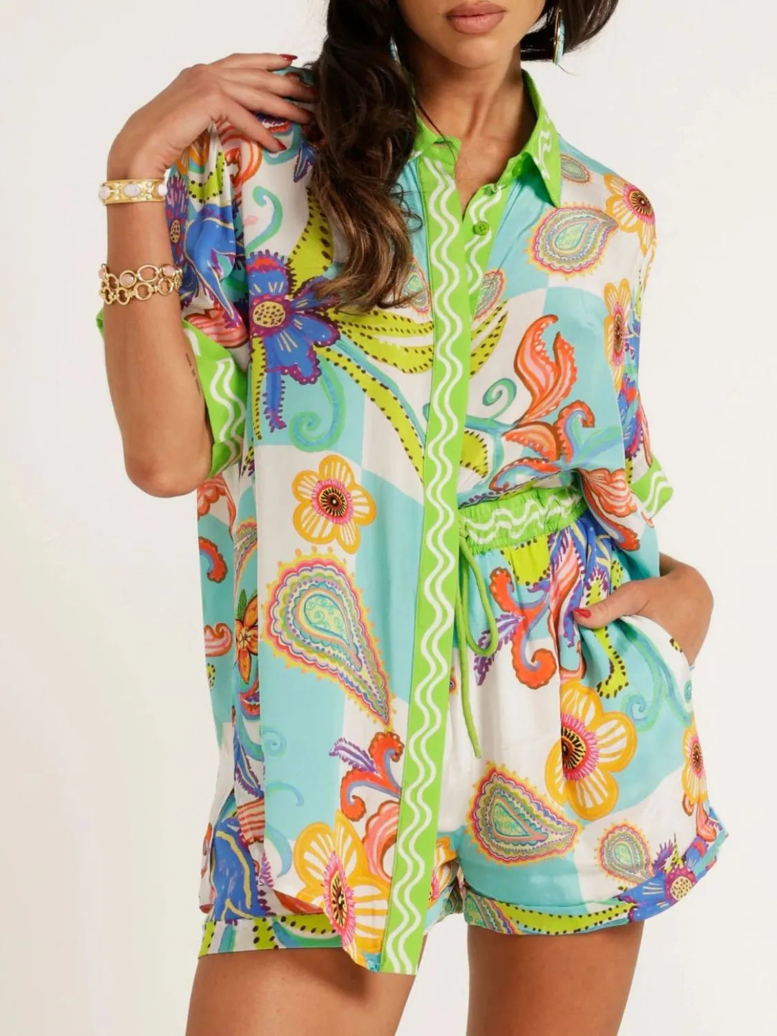 Button Up Half Sleeve Top and Shorts Set Lime