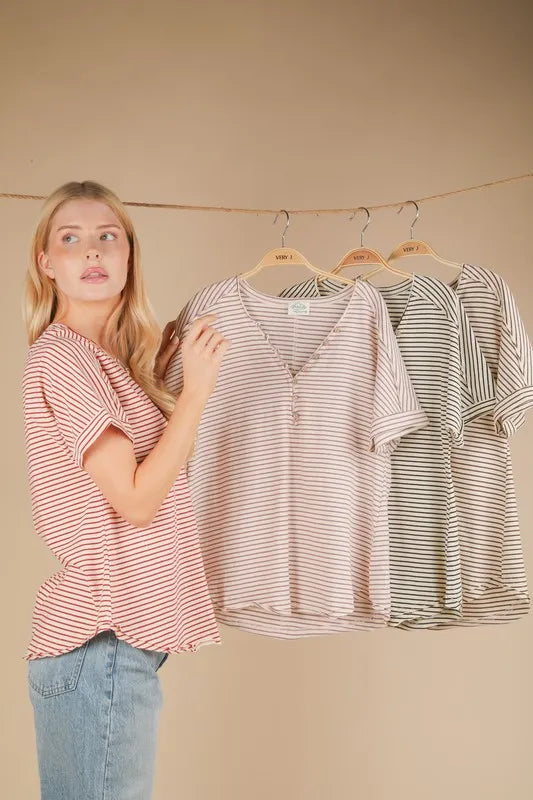 VERY J Striped V-Neck Short Sleeve T-Shirt