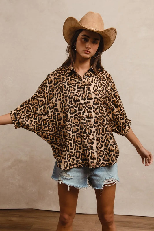 BiBi Leopard Prints Overseized Short Sleeves Top
