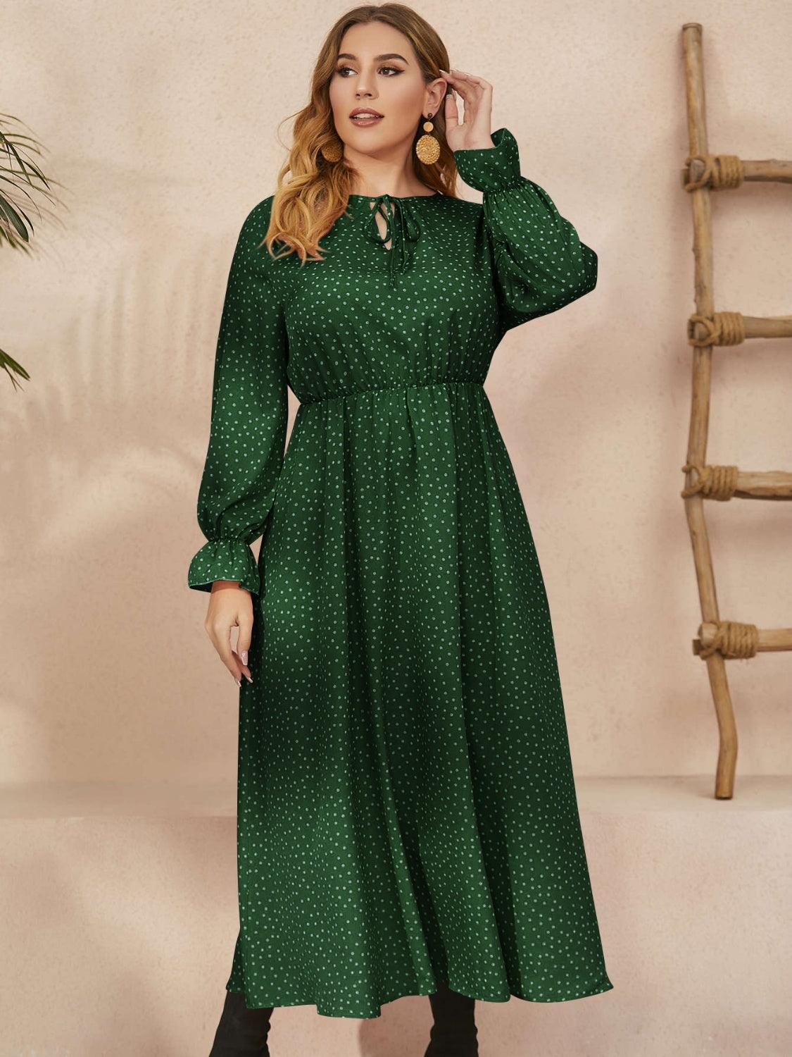 Honey Plus Size Ruffled Polka Dot Long Sleeve Midi Dress Dark Green