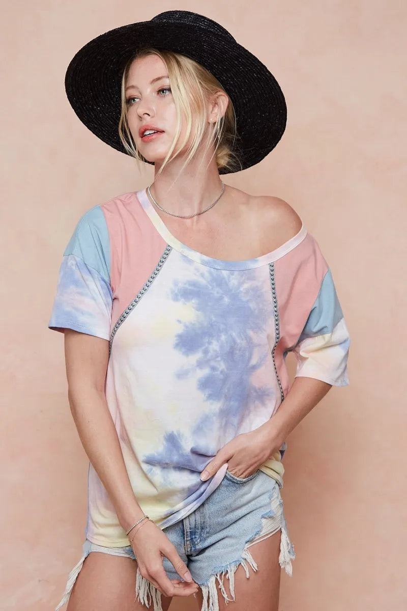 BiBi Tie Dye Printed Cotton Color Block T-Shirt PINK BLUE COMBO