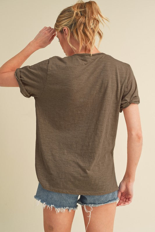Aemi + Co Side Slit V-Neck Short Rolled Sleeve T-Shirt