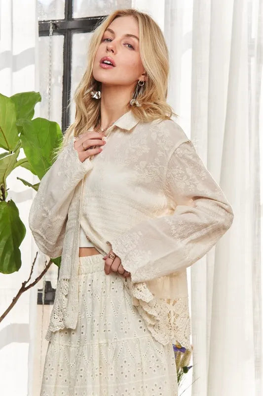 ADORA Crochet Lace Long Sleeves Button Down Shirt