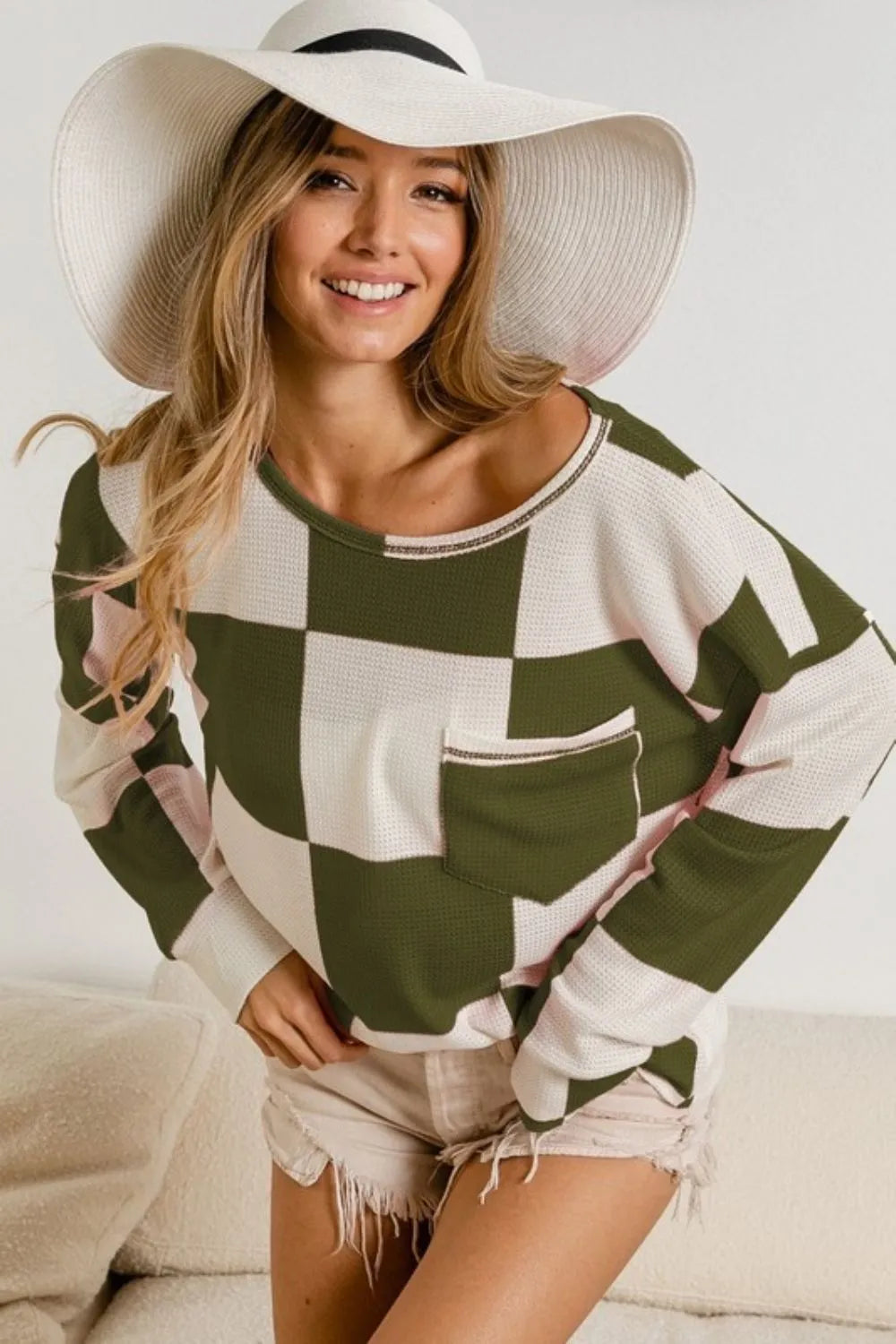 BiBi Checker Printed Hacci Top with Front Pocket OLIVE