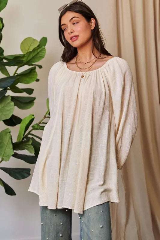 Davi & Dani Crinckled Texture Fabric Round Neck Swing Top